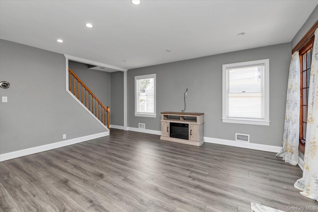 Empty room, Fireplace, Interior, Recessed Lighting, Wood Texture Flooring