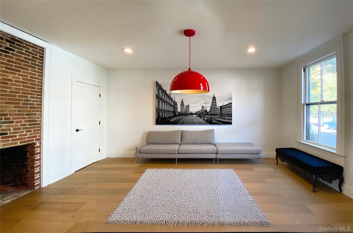 Fireplace, Interior, Pendant Lights, Recessed Lighting, Stone Walls, Wood Texture Flooring