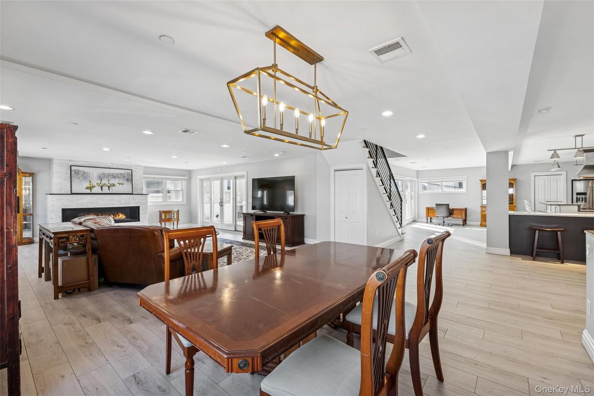 Dining room, Fireplace, Interior, Kitchen, Living room, Pendant Lights, Recessed Lighting, Wood Texture Flooring