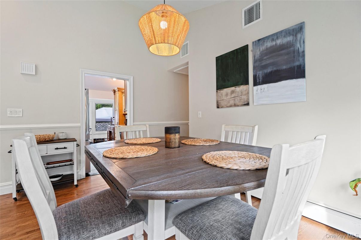 Dining room, Interior, Pendant Lights, Wood Texture Flooring
