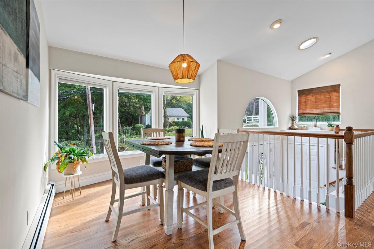 Dining room, Interior, Pendant Lights, Recessed Lighting, Wood Texture Flooring