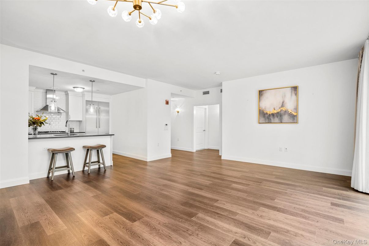 Empty room, Interior, Kitchen, Pendant Lights, Wood Texture Flooring