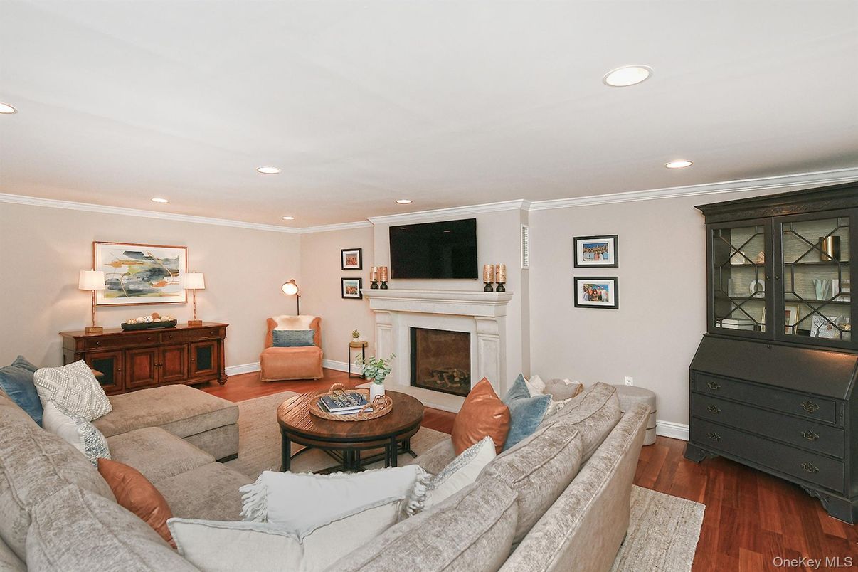Fireplace, Interior, Living room, Recessed Lighting, Wood Texture Flooring