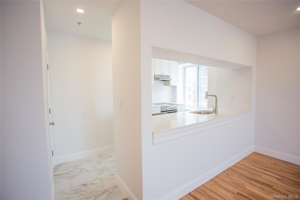 Interior, Kitchen, Marble, Recessed Lighting, Wood Texture Flooring