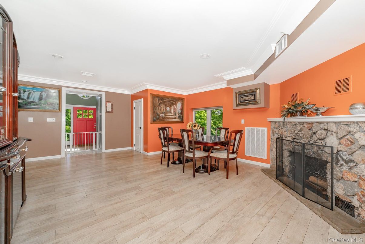 Dining room, Fireplace, Interior, Wood Texture Flooring
