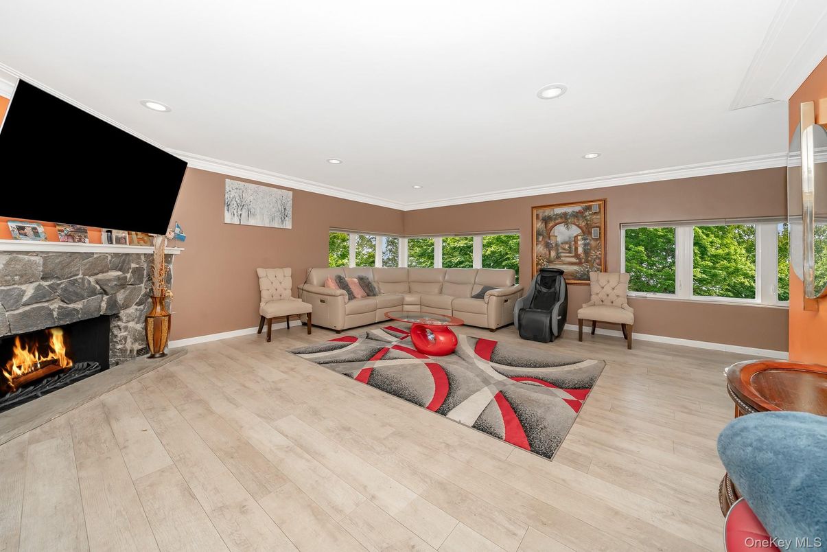 Fireplace, Interior, Living room, Recessed Lighting, Wood Texture Flooring