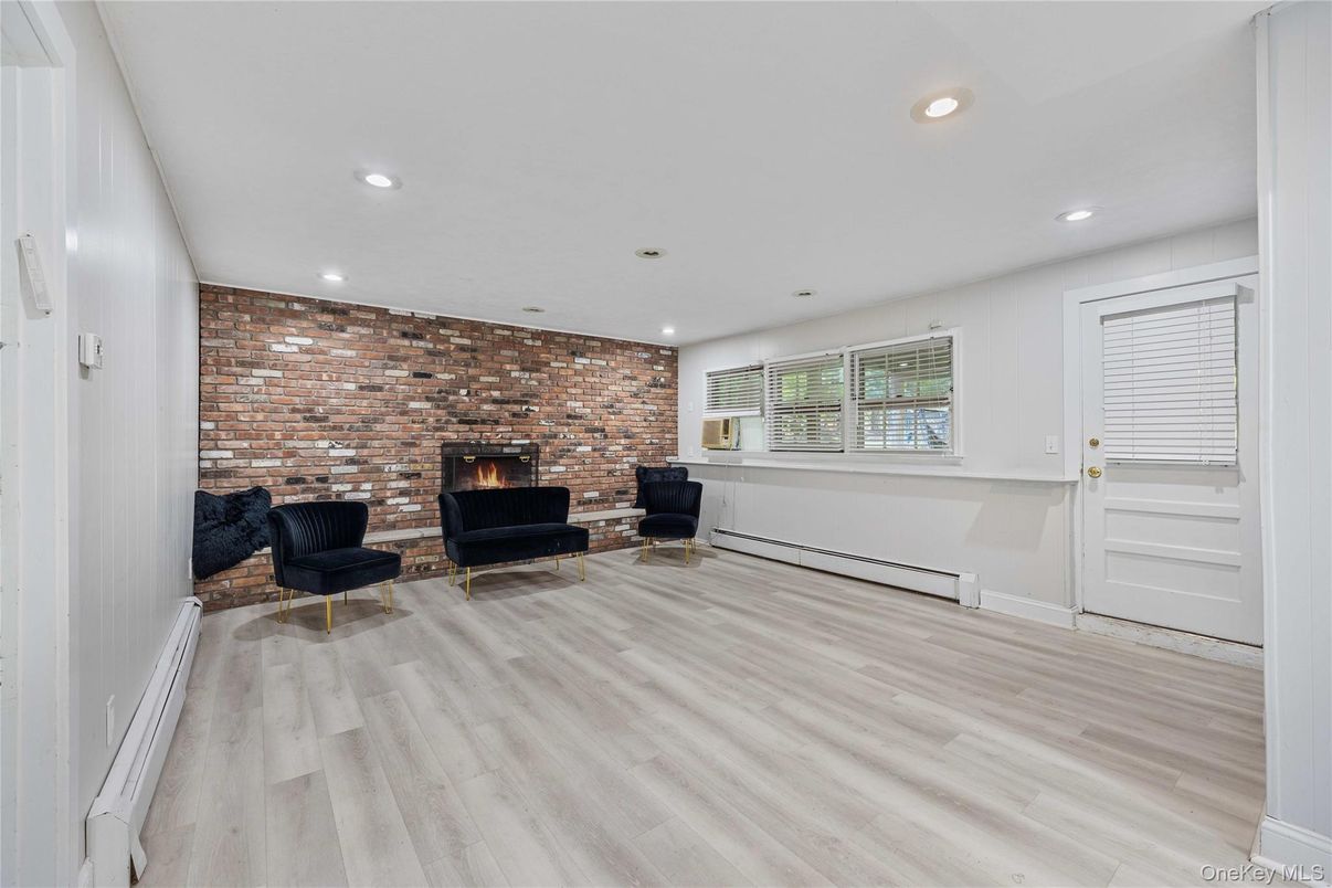 Fireplace, Interior, Recessed Lighting, Stone Walls, Wood Texture Flooring