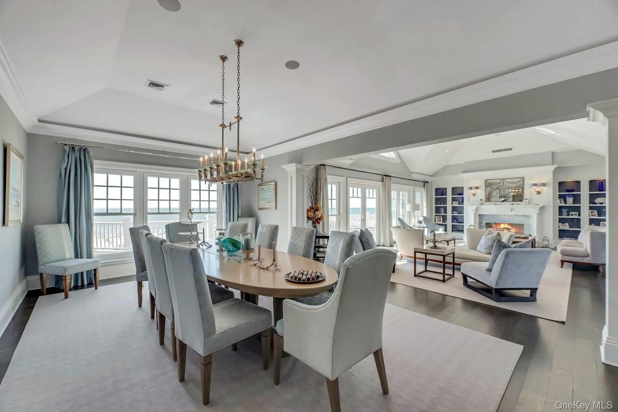 Chandelier, Dining room, Fireplace, Interior, Living room, Pendant Lights, Wood Texture Flooring