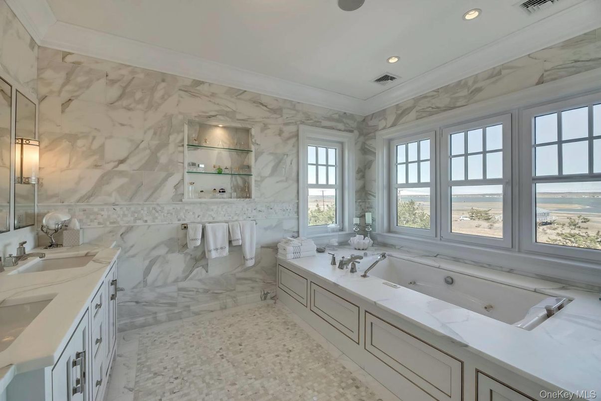 Bathroom, Dual Sink Vanities, Interior, Marble Walls, Recessed Lighting