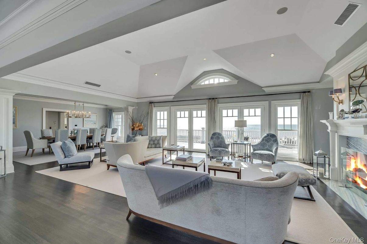 Chandelier, Dining room, Fireplace, Interior, Living room, Recessed Lighting, Wood Texture Flooring