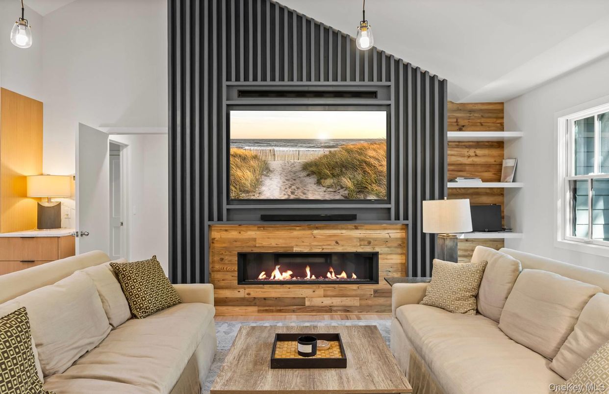 Fireplace, Interior, Living room, Pendant Lights, Wooden Walls