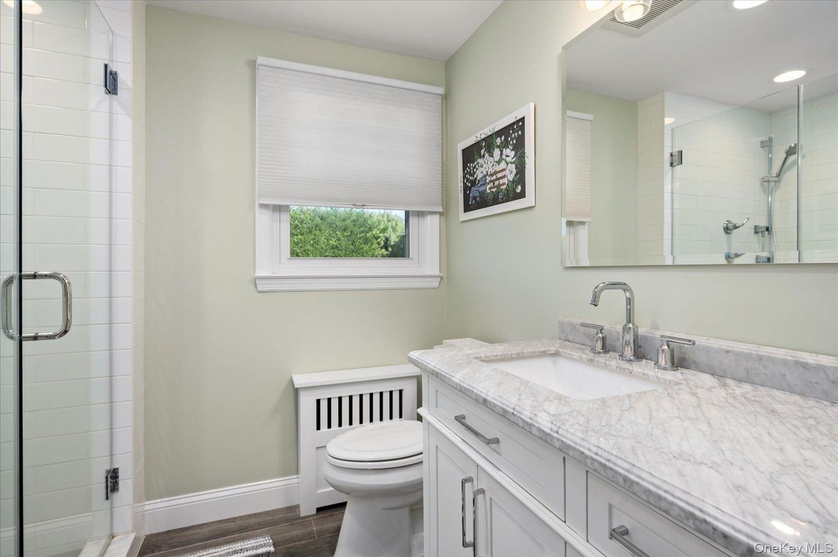 Bathroom, Glass Shower, Interior, Recessed Lighting, Wood Texture Flooring