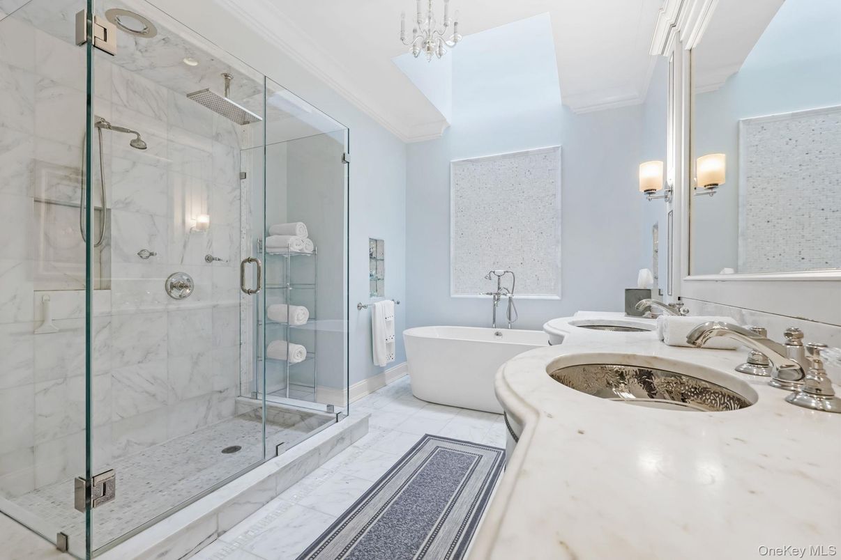 Bathroom, Dual Sink Vanities, Free Standing Baths, Glass Shower, Interior, Marble, Marble Walls