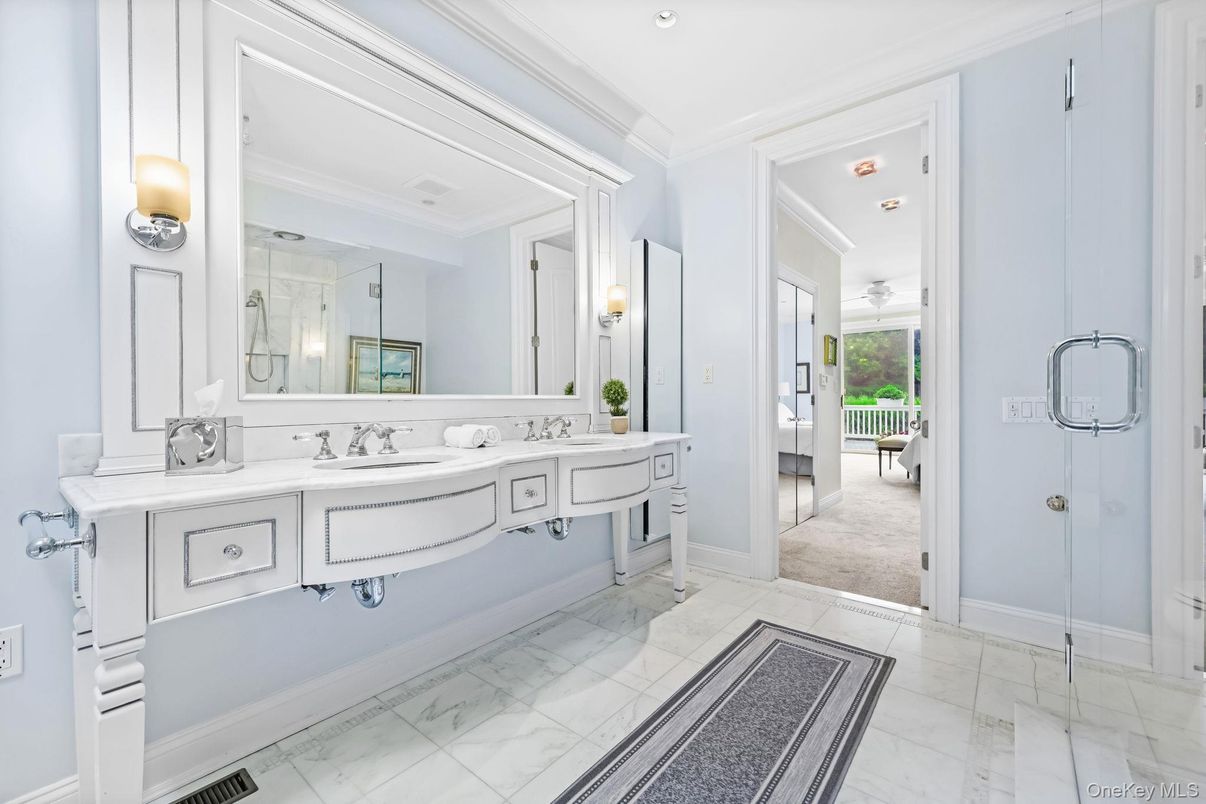 Bathroom, Dual Sink Vanities, Glass Shower, Interior, Marble, Recessed Lighting
