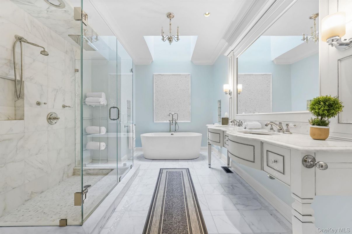 Bathroom, Dual Sink Vanities, Free Standing Baths, Glass Shower, Interior, Marble, Marble Walls, Recessed Lighting