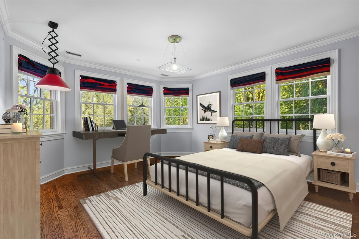 Bedroom, Home Office, Interior, Pendant Lights, Wood Texture Flooring