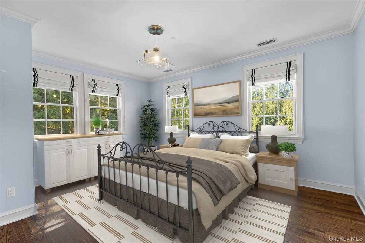 Bedroom, Interior, Pendant Lights, Wood Texture Flooring