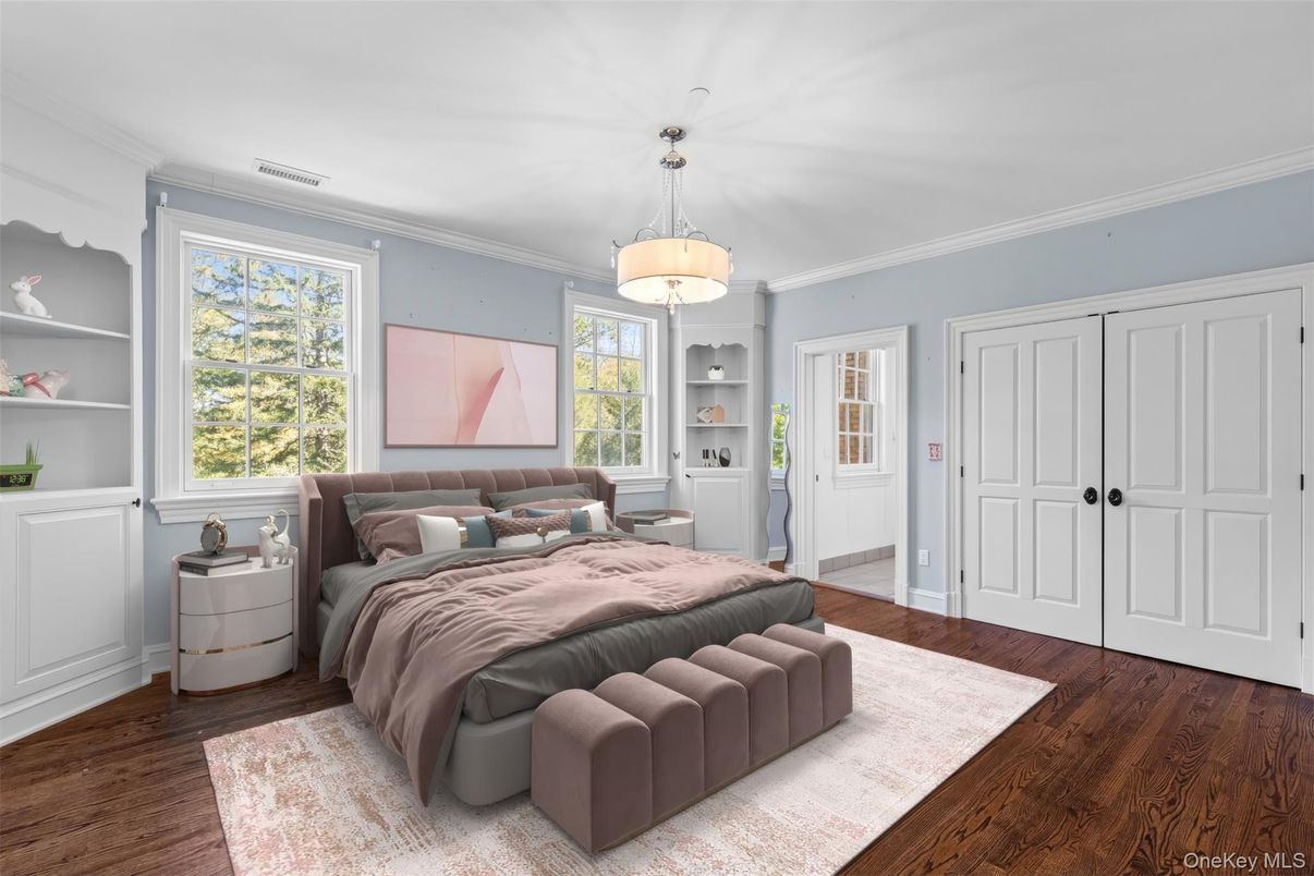 Bedroom, Interior, Pendant Lights, Wood Texture Flooring