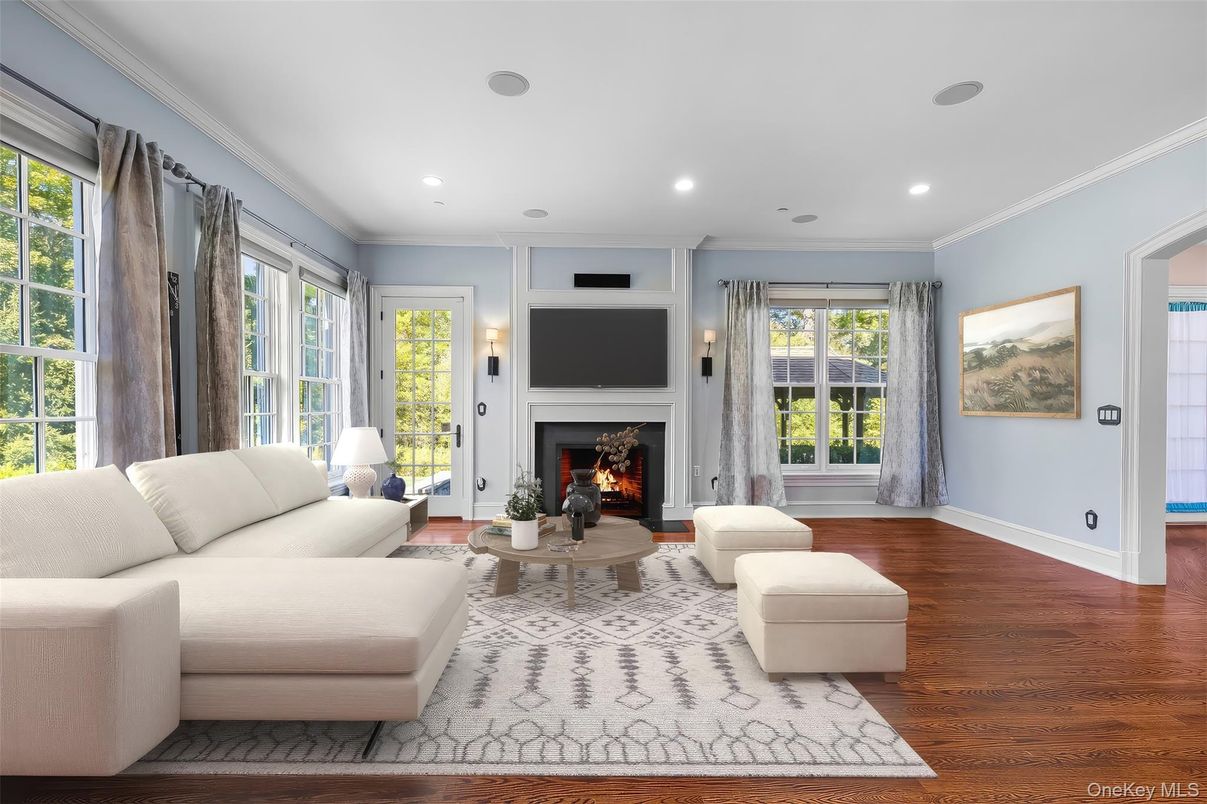 Fireplace, Interior, Living room, Recessed Lighting, Wood Texture Flooring