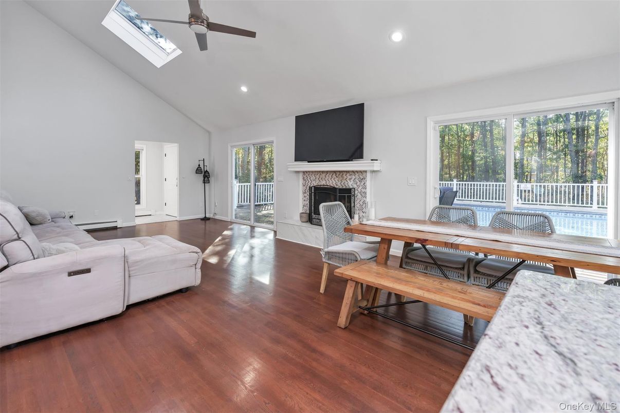 Fireplace, Interior, Living room, Recessed Lighting, Wood Texture Flooring