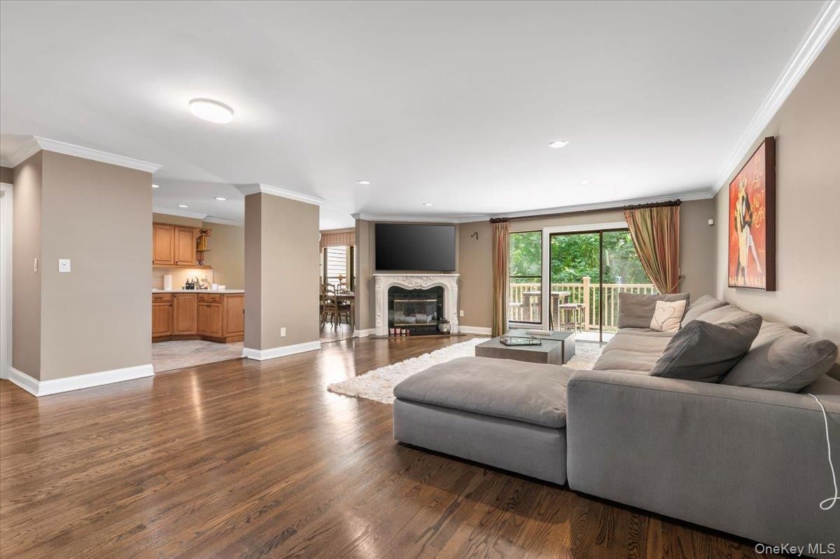 Fireplace, Interior, Kitchen, Living room, Recessed Lighting, Wood Texture Flooring
