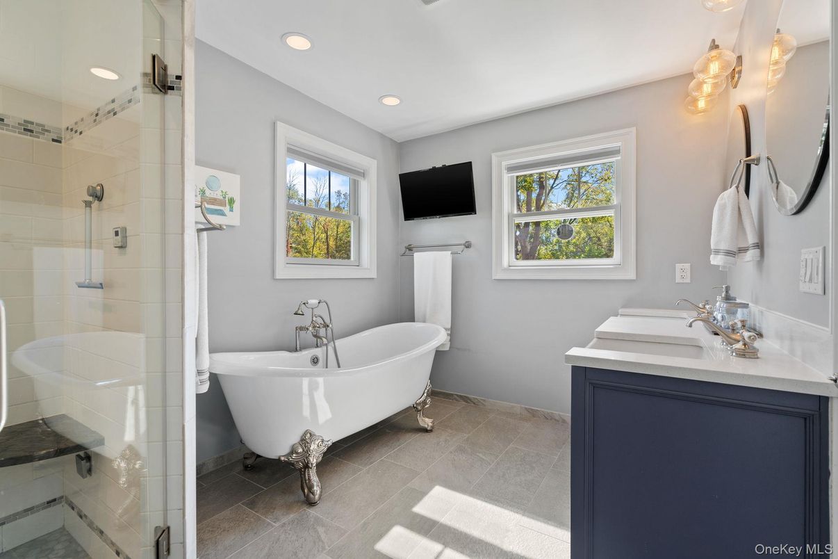 Bathroom, Free Standing Baths, Glass Shower, Interior, Recessed Lighting