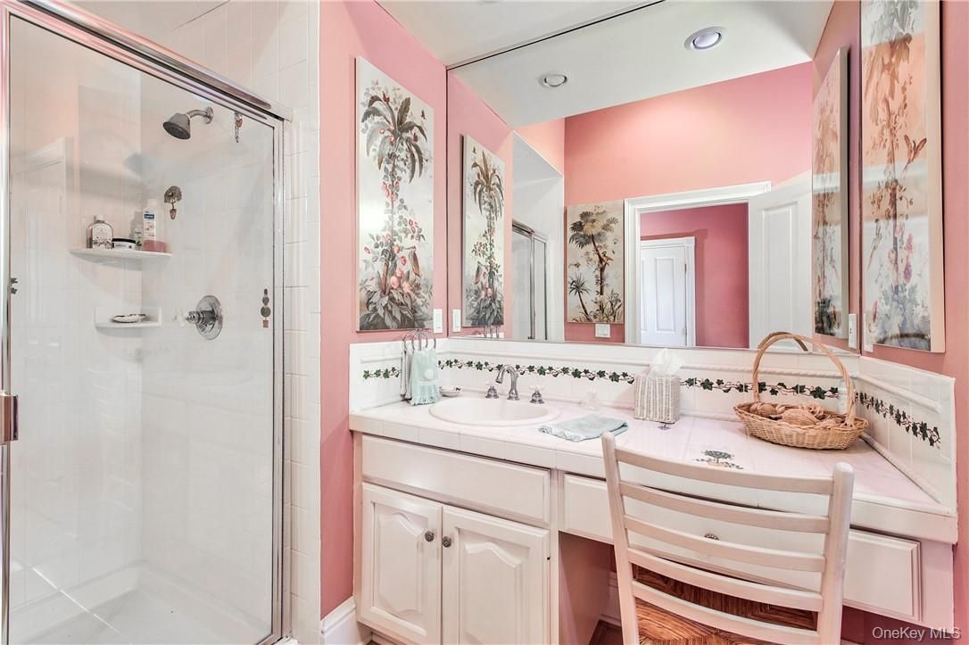 Bathroom, Dual Sink Vanities, Glass Shower, Interior, Recessed Lighting, Tile Countertops