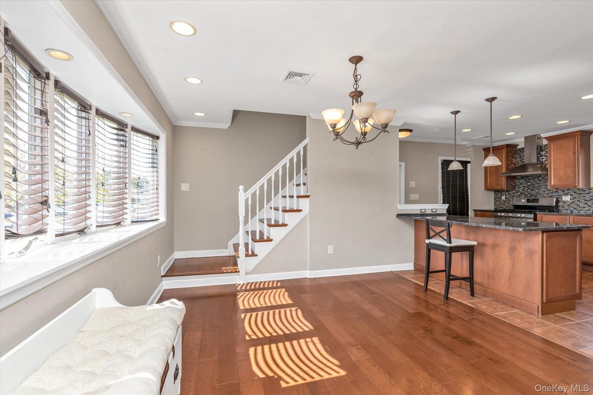 Chandelier, Interior, Kitchen, Pendant Lights, Recessed Lighting, Wood Texture Flooring