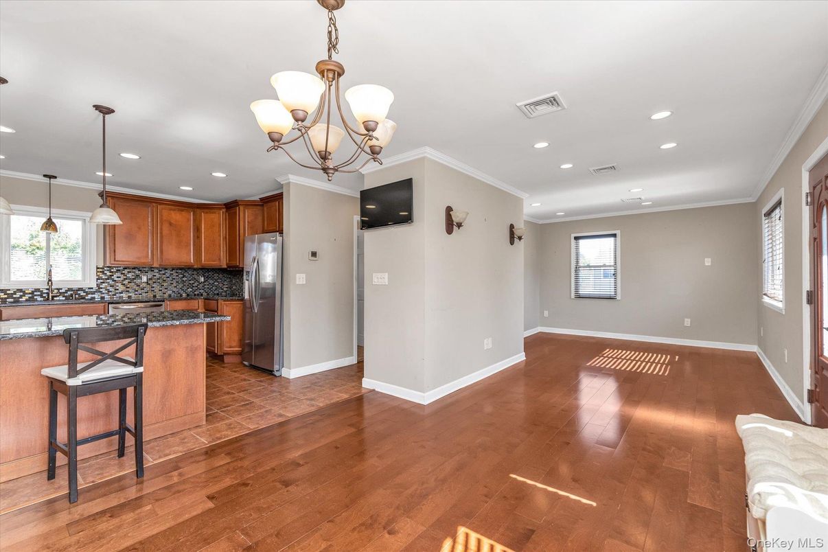 Chandelier, Interior, Kitchen, Pendant Lights, Recessed Lighting, Wood Texture Flooring