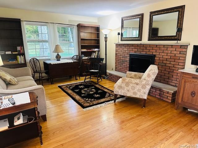 Fireplace, Home Office, Interior, Stone Walls, Wood Texture Flooring