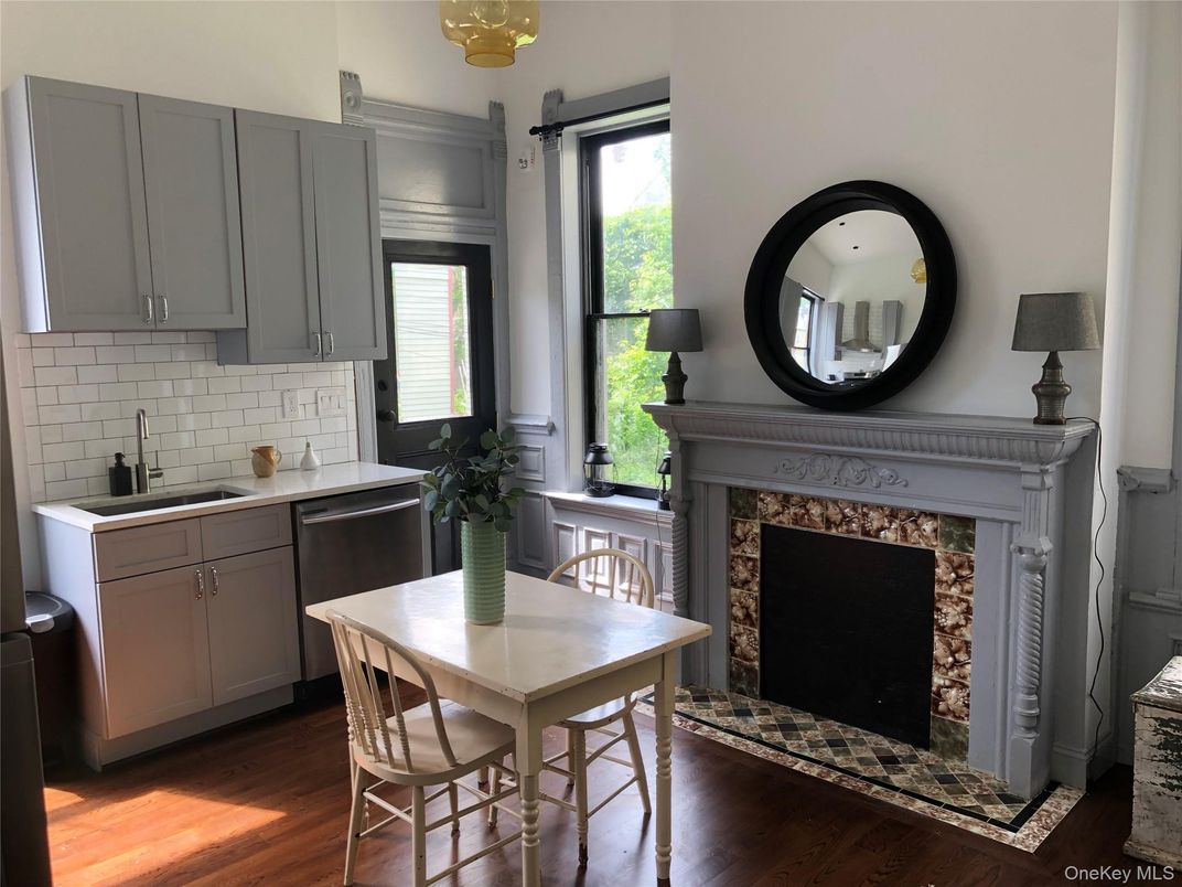 Dining room, Fireplace, Interior, Kitchen, Wood Texture Flooring