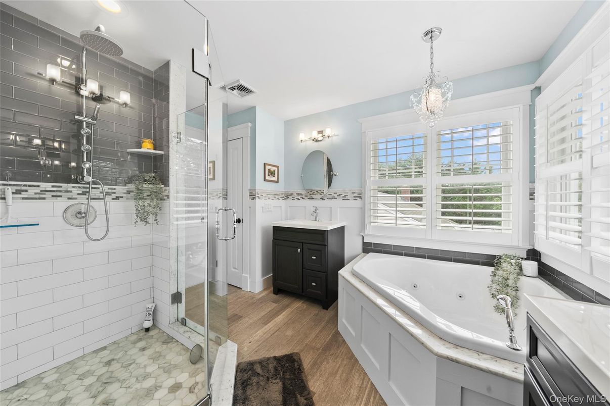 Bathroom, Glass Shower, Interior, Pendant Lights, Wood Texture Flooring