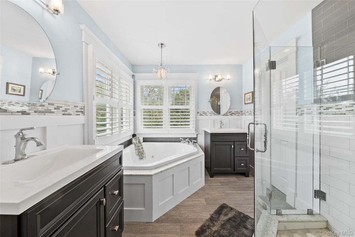Bathroom, Dual Sink Vanities, Glass Shower, Interior, Pendant Lights, Wood Texture Flooring
