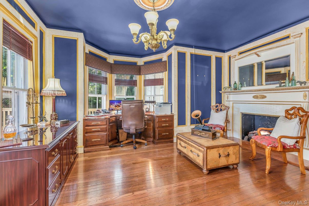 Chandelier, Fireplace, Home Office, Interior, Wood Texture Flooring