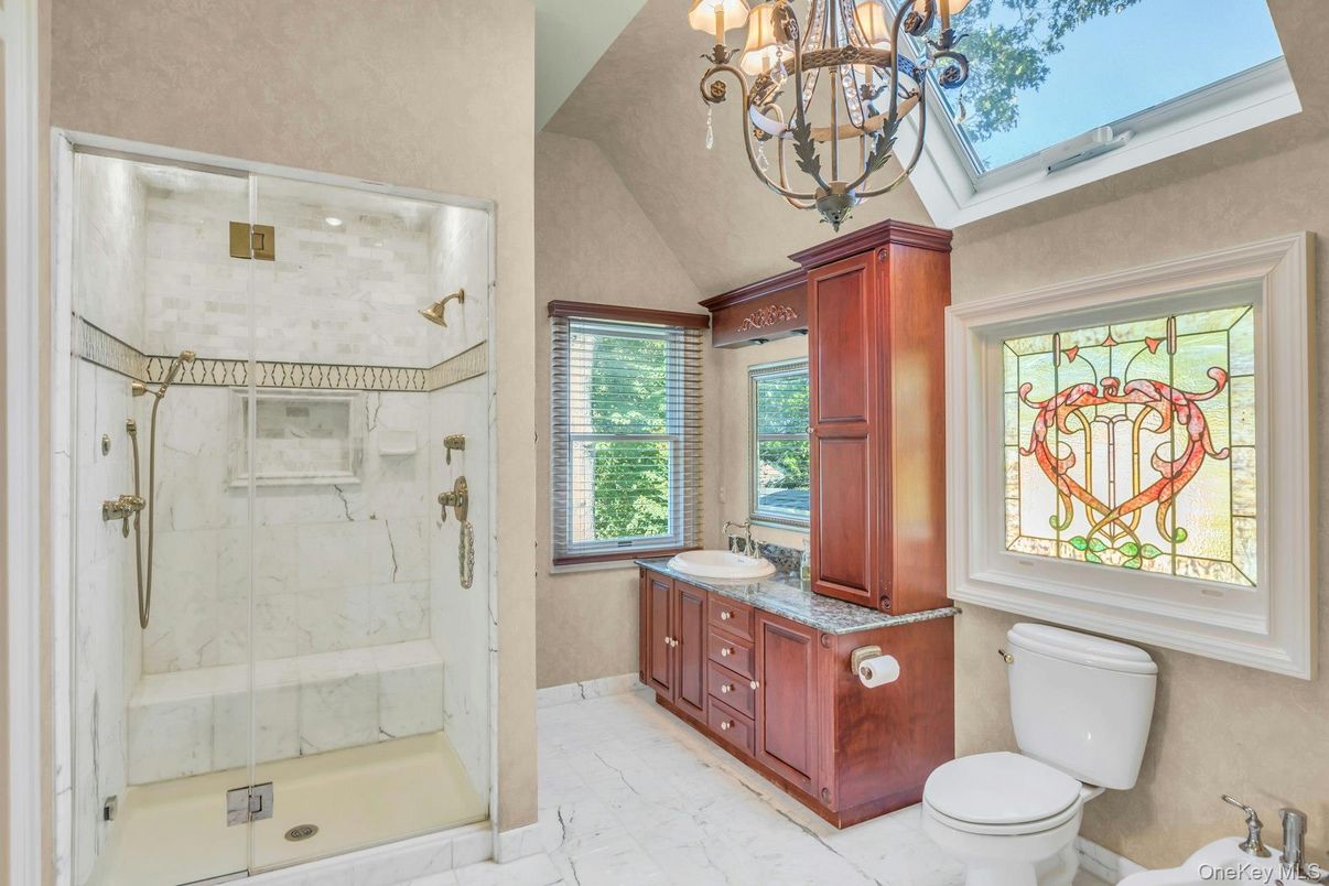 Bathroom, Chandelier, Glass Shower, Interior, Marble, Marble Walls