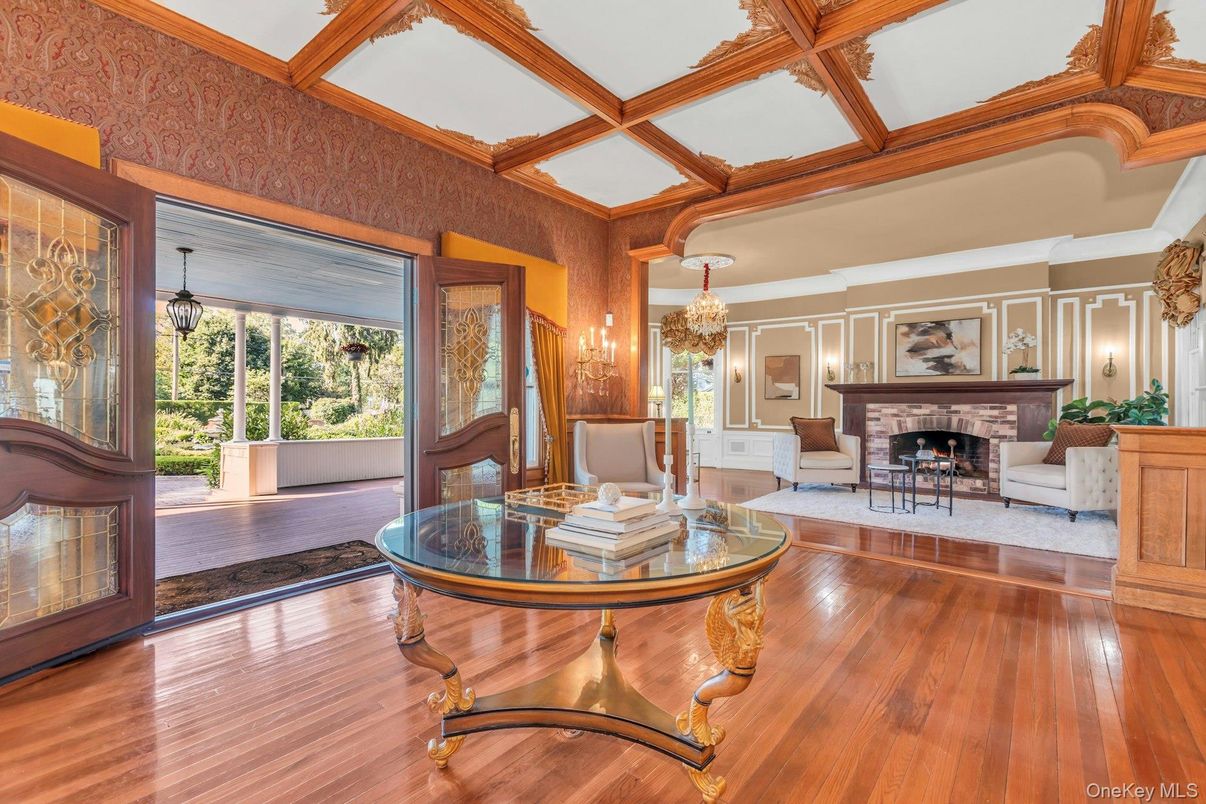Chandelier, Fireplace, Interior, Living room, Wooden Beams, Wood Texture Flooring