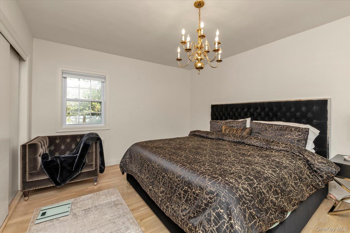 Bedroom, Chandelier, Interior, Wood Texture Flooring
