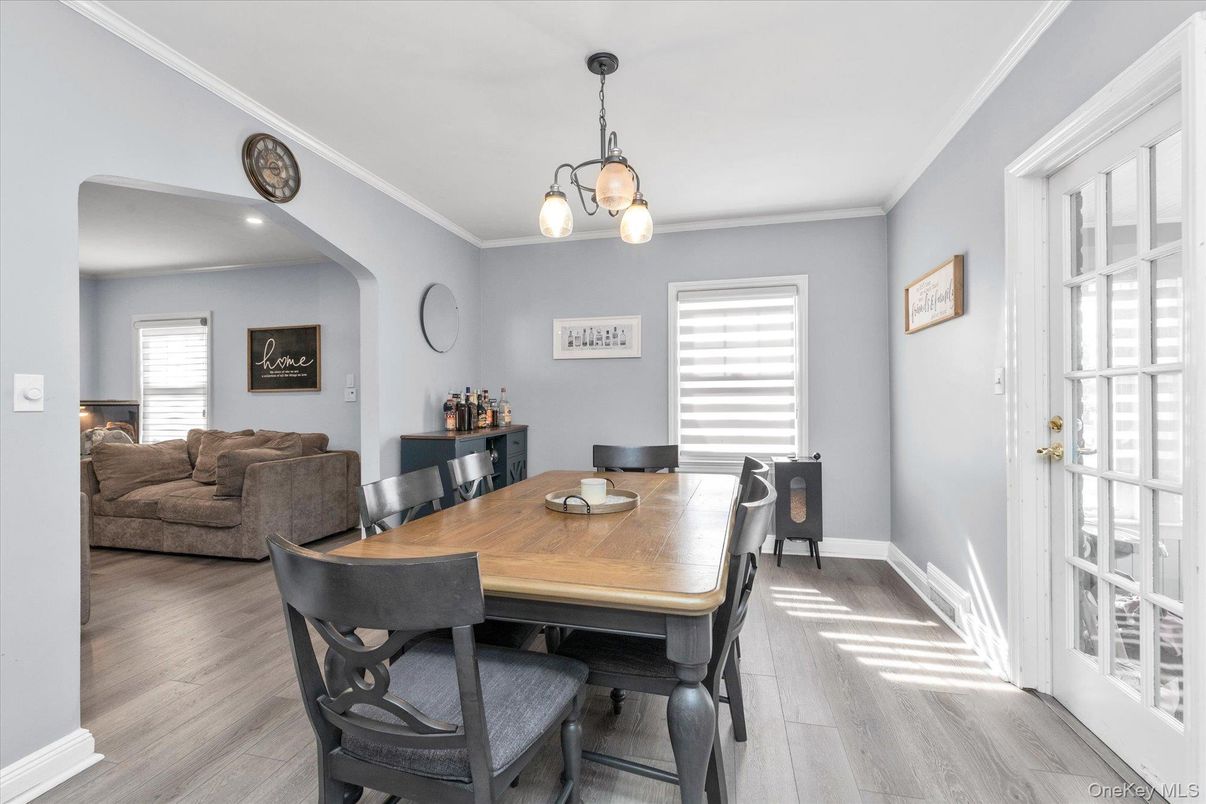 Dining room, Interior, Pendant Lights, Wood Texture Flooring