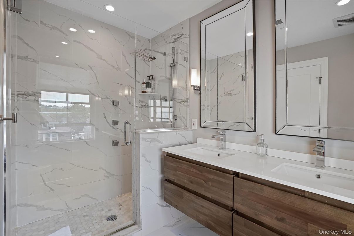 Bathroom, Glass Shower, Interior, Marble Walls, Recessed Lighting