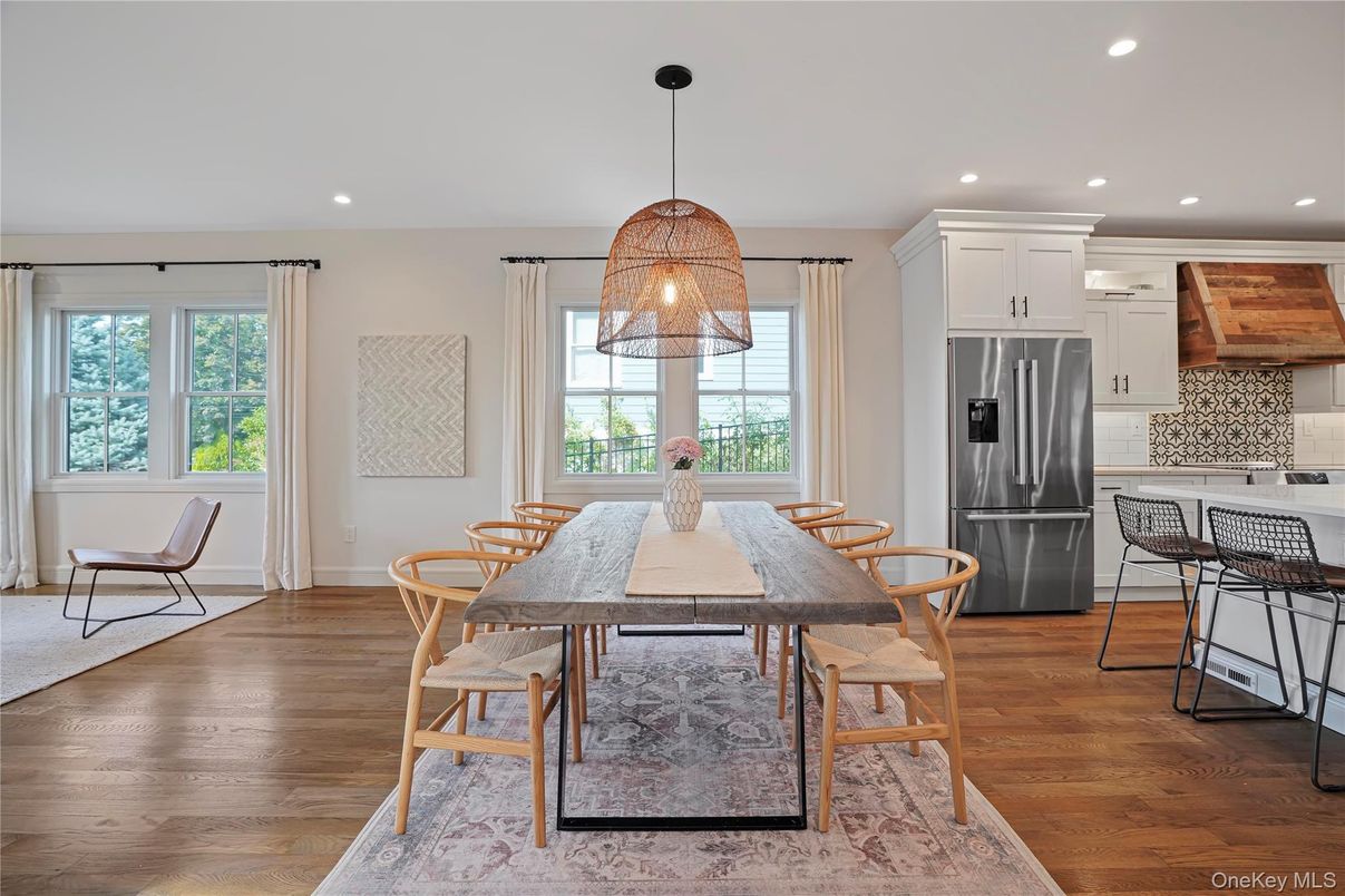 Dining room, Interior, Kitchen, Pendant Lights, Recessed Lighting, Stainless Steel Appliances, Wood Texture Flooring