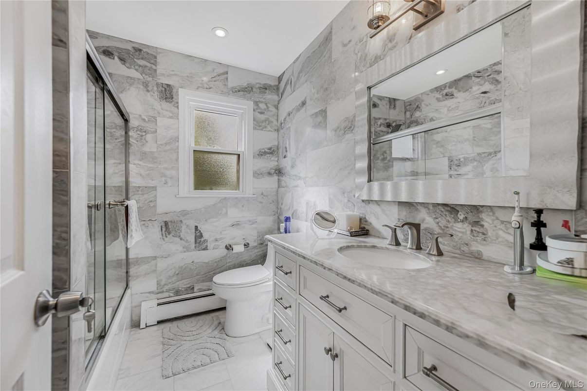 Bathroom, Glass Shower, Interior, Marble, Marble Walls, Recessed Lighting