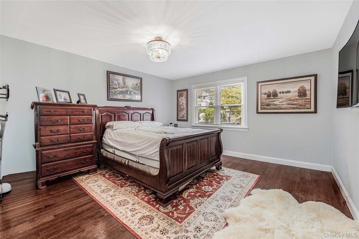Bedroom, Chandelier, Interior, Wood Texture Flooring