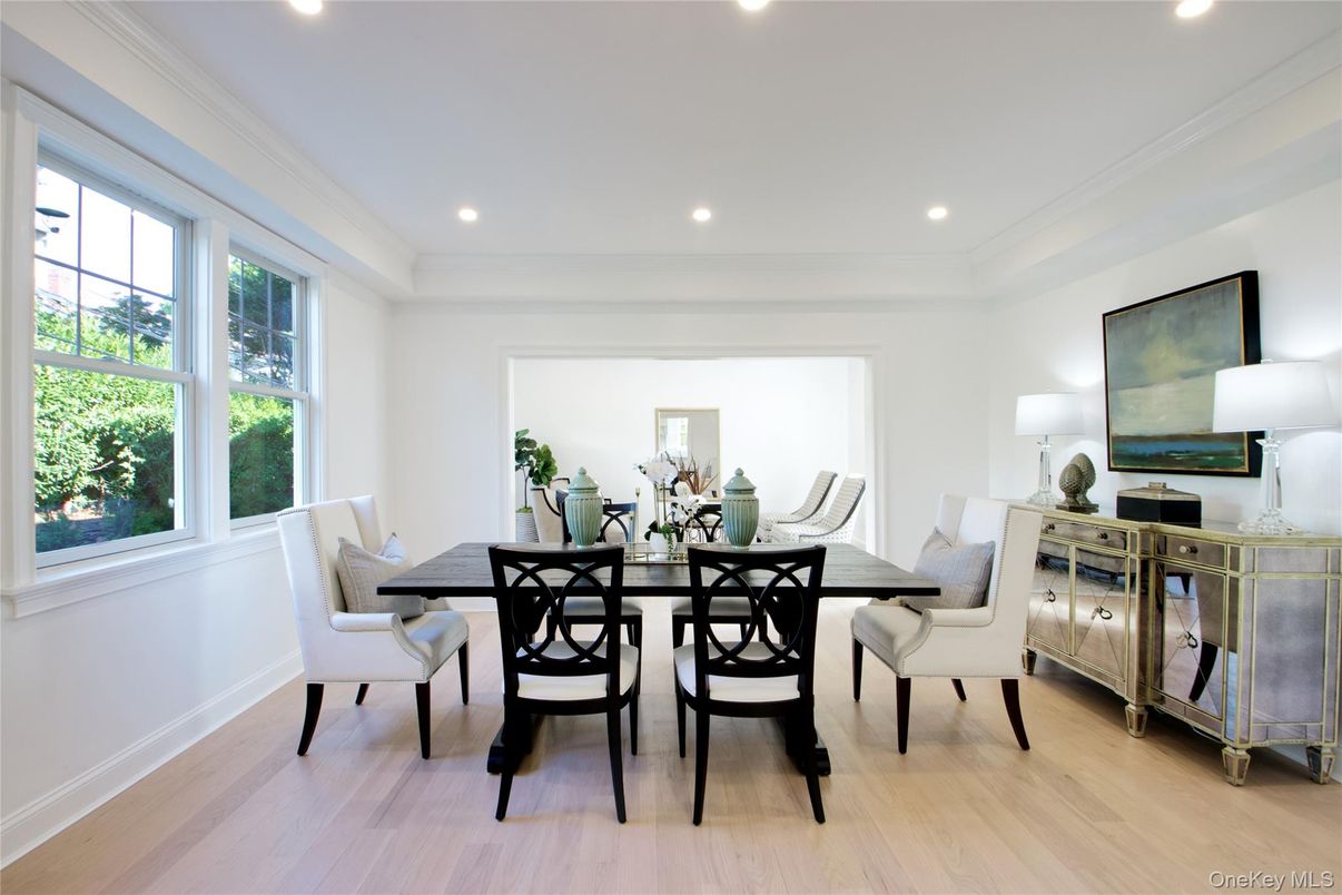 Dining room, Interior, Recessed Lighting, Wood Texture Flooring