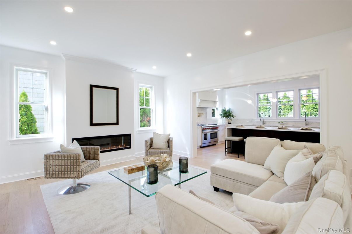 Fireplace, Interior, Kitchen, Living room, Recessed Lighting, Wood Texture Flooring