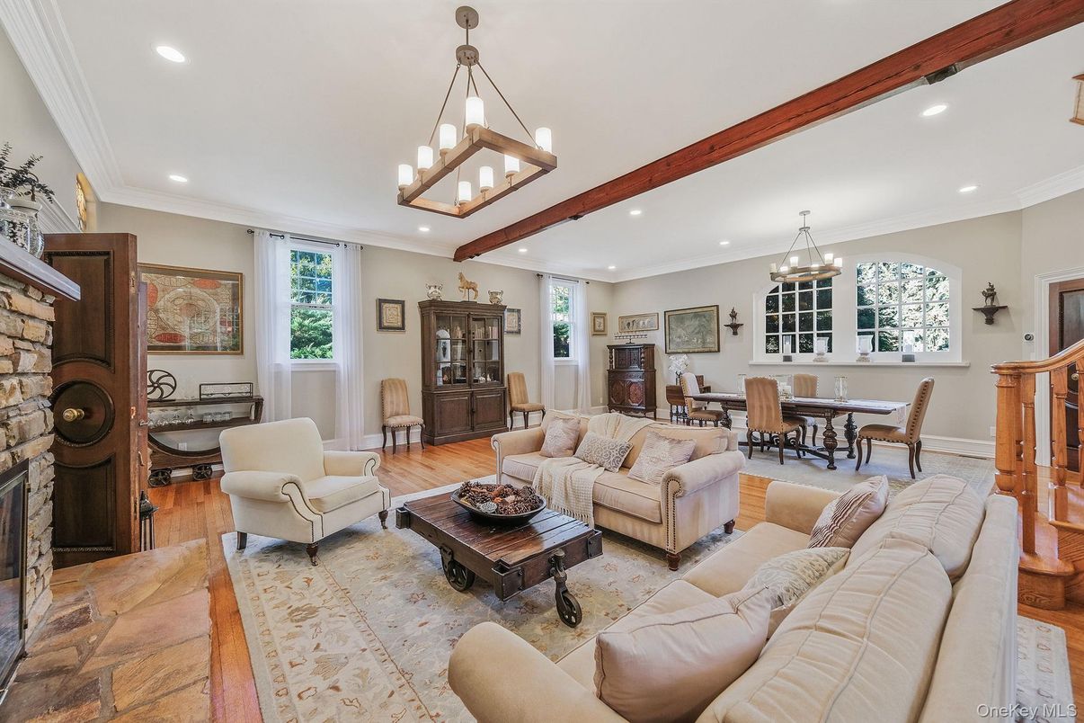 Chandelier, Dining room, Fireplace, Interior, Living room, Recessed Lighting, Wood Texture Flooring