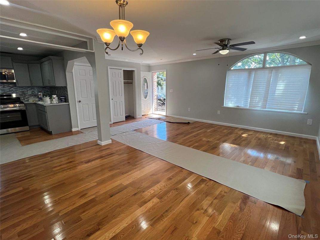 Chandelier, Empty room, Interior, Kitchen, Recessed Lighting, Wood Texture Flooring