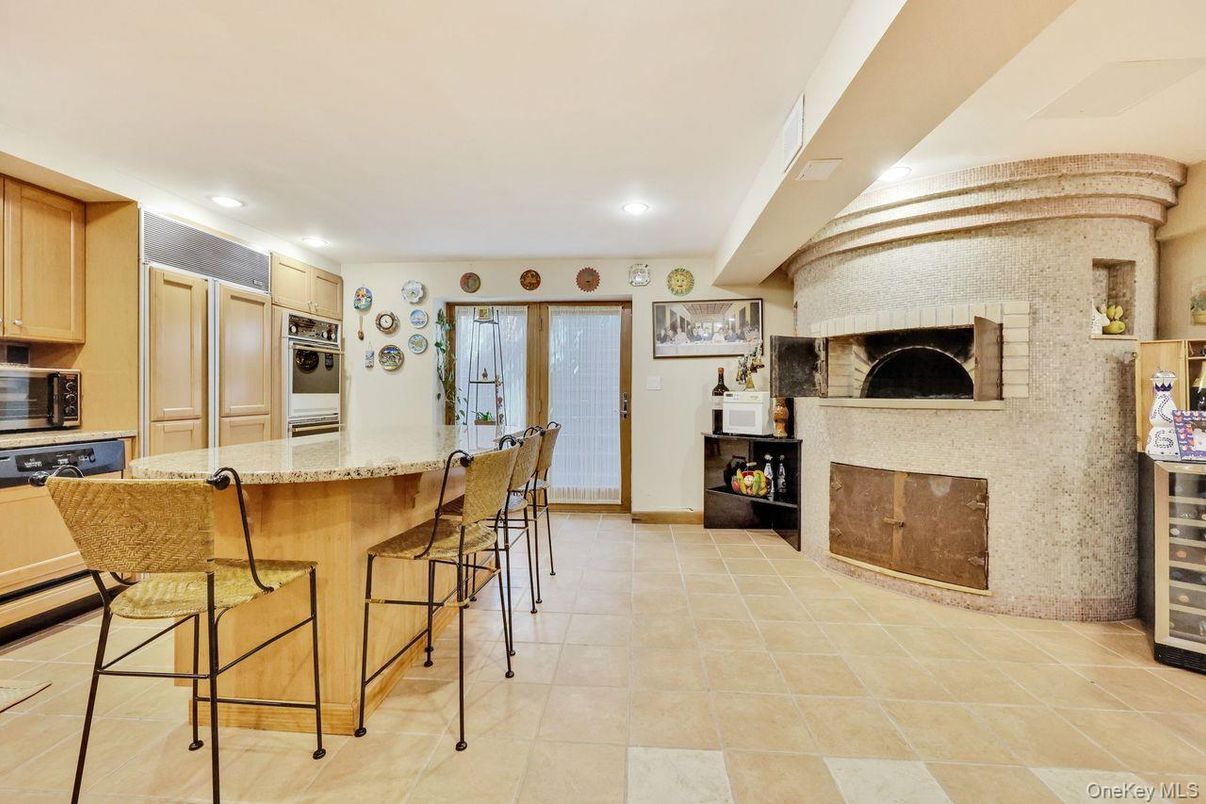 Fireplace, Interior, Kitchen, Recessed Lighting, Stainless Steel Appliances