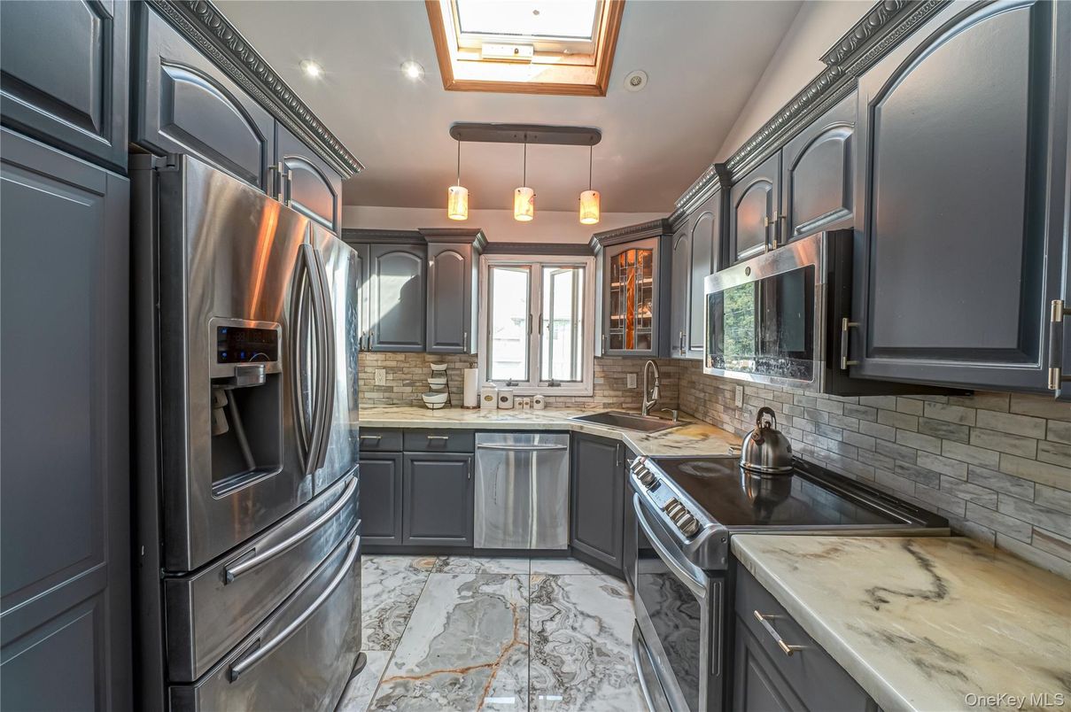 Interior, Kitchen, Marble, Pendant Lights, Recessed Lighting, Stainless Steel Appliances