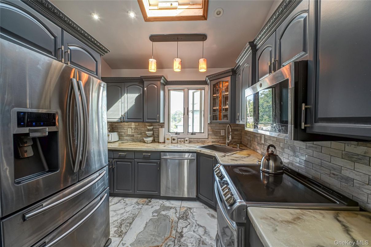Interior, Kitchen, Marble, Pendant Lights, Recessed Lighting, Stainless Steel Appliances