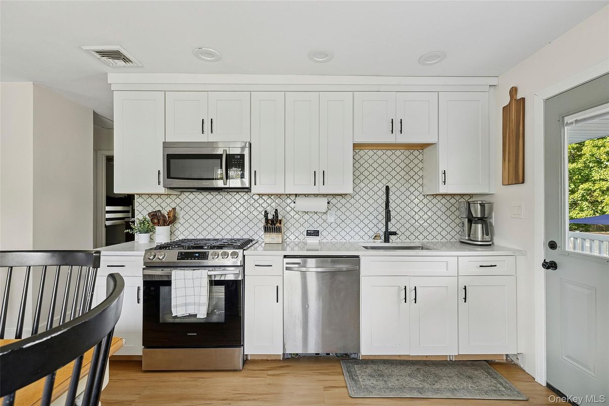 Interior, Kitchen, Recessed Lighting, Stainless Steel Appliances, Wood Texture Flooring